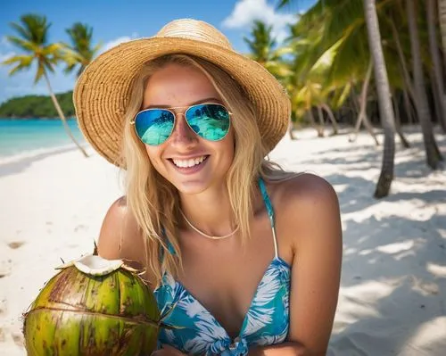 Amelia, beautiful woman, 25yo, golden hair, bright smile, freckles on nose, blue eyes, sunglasses, beachwear, flower garland, holding a coconut, sitting on a rock, tropical island, crystal clear turqu