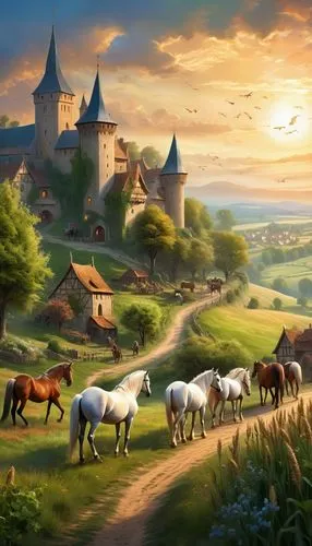 townsmen,fantasy landscape,beleriand,fantasy picture,knight village,pony farm,landscape background,townsfolk,fantasy art,caylus,epona,countryside,rural landscape,nargothrond,farm landscape,narnians,shire,mountain village,mystara,village life,Illustration,Realistic Fantasy,Realistic Fantasy 01