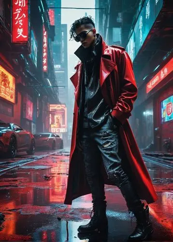 Cyberpunk themed, red dominant color scheme, futuristic cityscape, neon lights reflecting off wet asphalt, skyscraper with holographic advertisements, giant screens displaying virtual idols, rainy nig