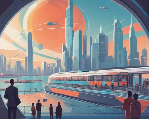 futuristic landscape,sci fiction illustration,futuristic architecture,prospects for the future,travel poster,sky train,skytrain,futuristic,metropolis,maglev,travelers,futuristic art museum,cities,sci-fi,sci - fi,metropolises,city trans,dubai,cityscape,city cities,Illustration,Vector,Vector 05