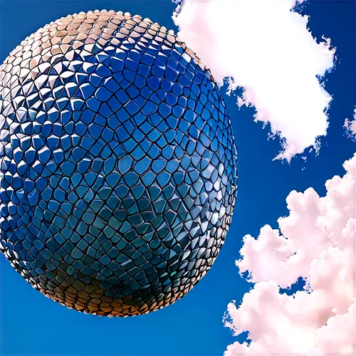 Epcot, spherical Spaceship Earth, futuristic architecture, reflective surface, bright blue sky, fluffy white clouds, daytime, panoramic view, low-angle shot, vibrant colors, high-contrast lighting, 3/