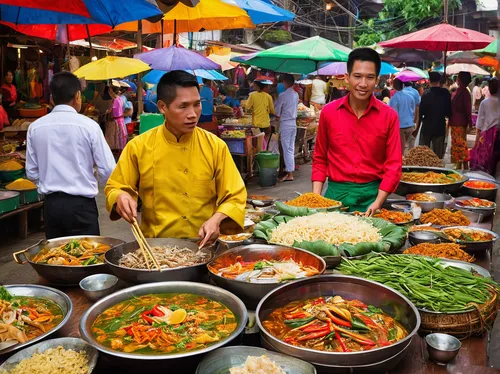 Experience the vibrant flavors of Thai cuisine in a bustling street market.,burmese food,laotian cuisine,market stall,spice market,indonesian street food,thai cuisine,hanoi,cambodian food,thai ingredi