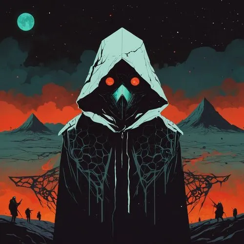 volcano,barren,death's head,death's-head,reaper,cloak,triangles background,mystery book cover,stratovolcano,pyramid,hex,undead warlock,would a background,the volcano,grimm reaper,vector art,game illustration,sentinel,death god,album cover,Illustration,Paper based,Paper Based 19