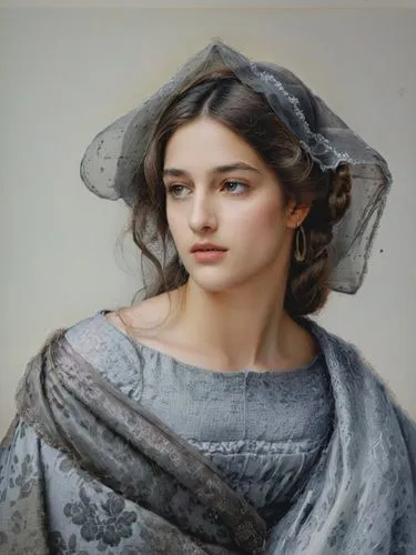 Impressively transform the famous work of the 19th century German painter Anselm Feuerbach into a contemporary high-resolution black and white photograph.,a beautiful lady with a veil and grey dress,d