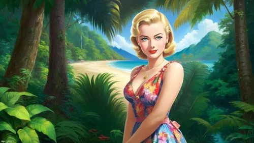 Romantic masterpiece oil painting, cute girl portrait, nostalgic 1950's style kitsch, vibrant rainforest landscape, lush tropical jungle paradise, summer beach cottage scenery, by Thomas Kinkade, by B