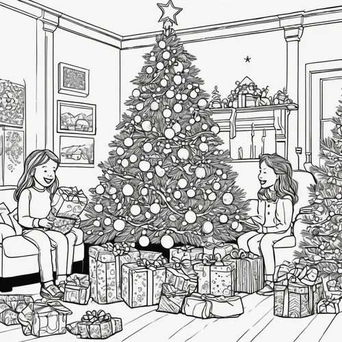 opening presents,presents,christmas room,decorate christmas tree,christmas scene,christmas presents,the gifts,the occasion of christmas,christmas picture,holiday shopping,christmas gifts,christmas shopping,gifts,christmas tree pattern,christmas family,coloring page,the girl next to the tree,christmas mood,pre-christmas time,christmas time,Illustration,Black and White,Black and White 14