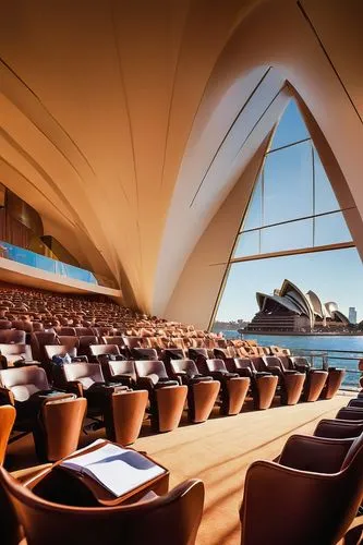 Sydney Opera House, architecture design conference, lecture hall, wooden chairs, rows of seats, professional attire, suits, ties, laptops, notebooks, pens, Sydney Harbour Bridge view, cityscape, blue 