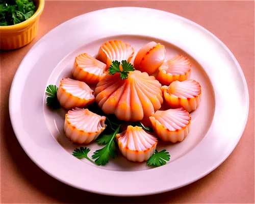 Fresh scallops, seafood, white plate, garnish with lemon, parsley, and garlic, shallow depth of field, close-up shot, natural lighting, appetizing composition, realistic texture, juicy flesh, golden b