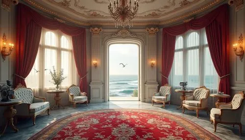 Snow-white marble walls, ornate golden frames, velvet drapes, coastal-themed cinema baroque interior, luxurious crimson red carpet, intricate snowflake patterns on ceiling, soft warm lighting, cinemat