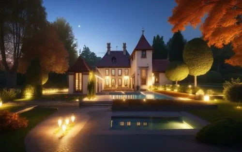 landscape lighting,chateau,fairy tale castle,country estate,fairytale castle,luxury property,mansion,manor,luxury home,bethlen castle,country house,autumn idyll,elizabethan manor house,house in the forest,moonlit night,witch's house,house silhouette,victorian,ambient lights,night scene,Photography,General,Realistic