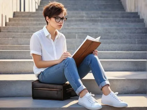 Minor in architecture, modern university student, casual wear, black glasses, messy short hair, white shirt, dark blue jeans, sneakers, holding a large portfolio case, sitting on stone stairs, contemp