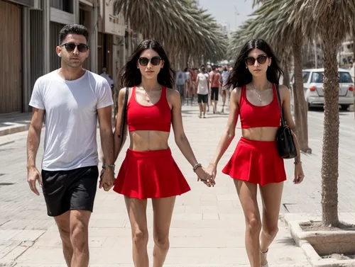 They travel in Tel Aviv hand in hand.  He wears shorts and a t-shirt.  She wears a red mini skirt and a tank top.,tel aviv,man in red dress,aviv,larnaca,red summer,red skirt,venice beach,jerba,turista