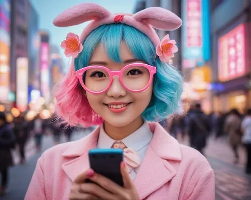 Cute msrabbit Twitter character, kawaii face, big round glasses, pink hair clips, light blue hair, sweet smile, holding a smartphone, tweeting, standing in front of a colorful Tokyo-style cityscape, b