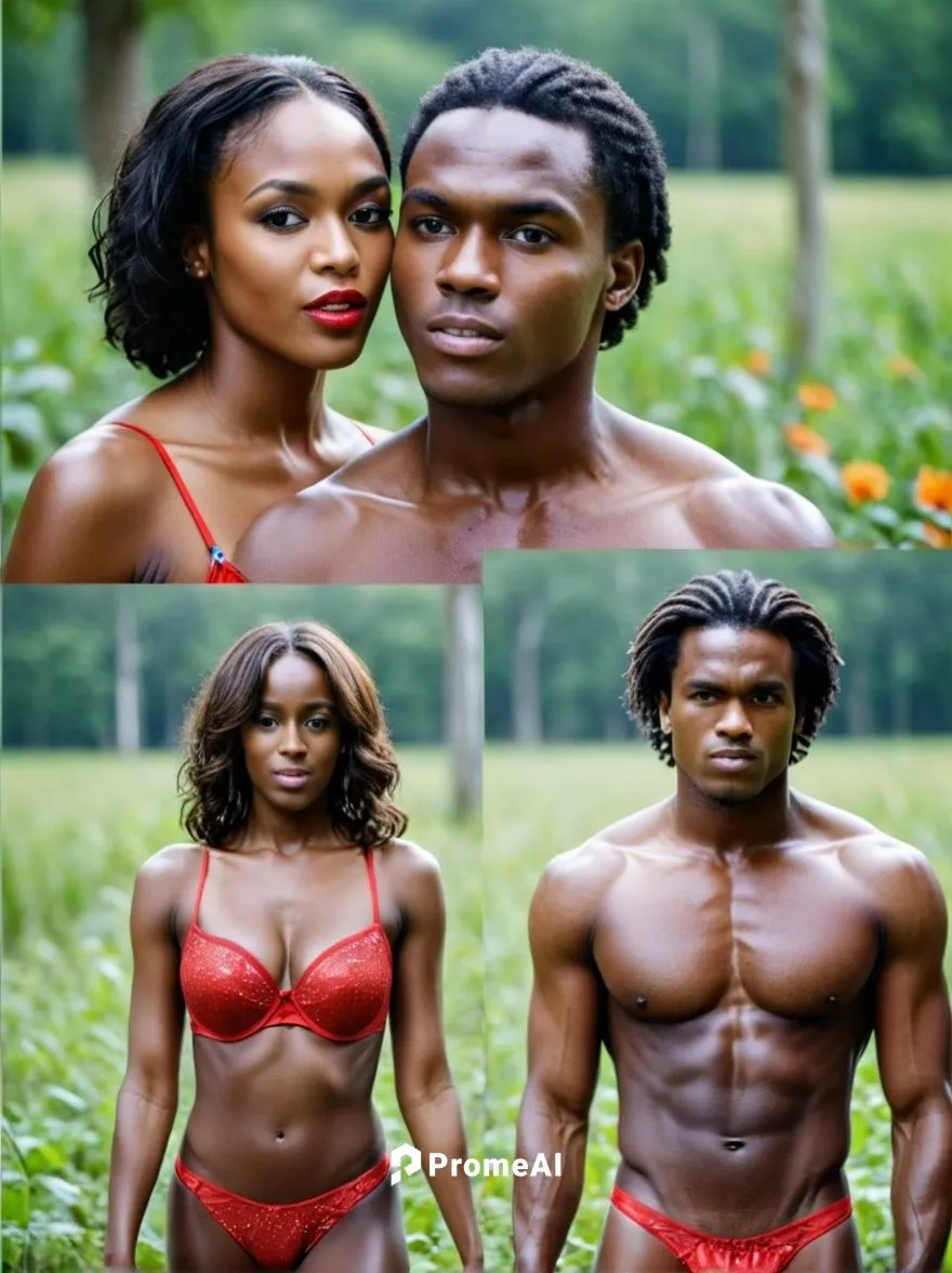 In a comic sequence of four pictures: Dark-skinned girl and dark-skinned boy turn towards each other and approach each other until they kiss.,three pictures of people in lingersuits one is a man and t