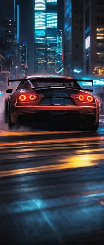 sports car, racing, dynamic pose, sleek design, glossy paint, carbon fiber texture, neon underglow, speed blur, cityscape, nighttime, street lights, high-rise buildings, motion blur, intense competiti