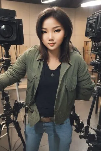 camera operator,camera stand,tv reporter,cameraman,camera,videographer,camera man,samcheok times editor,camera tripod,phuquy,cinematographer,green screen,mini tripod,camera accessory,cameras,a girl with a camera,journalist,video camera,leather jacket,bts,Photography,Realistic