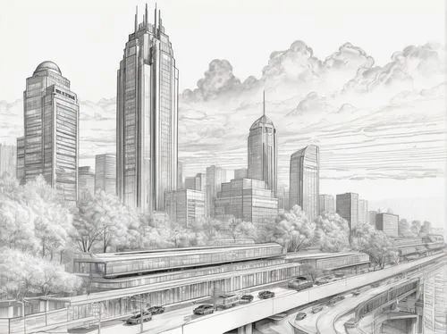 penciling,city scape,arcology,mono-line line art,pencilling,atlanta,gulch,skyline,tall buildings,unbuilt,peachtree,urban landscape,cityscapes,coloring page,skylines,megaproject,beltline,post-apocalyptic landscape,city buildings,buckhead,Illustration,Black and White,Black and White 30