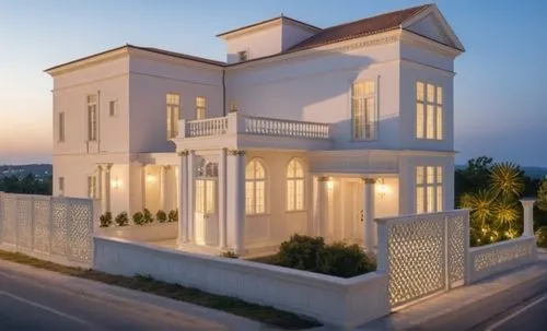 landscape,the front view of an elegant white home,baladiyat,two story house,beautiful home,residential house,holiday villa,saadiyat