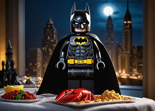 Dark knight Lego Batman, standing heroically, claws out, cape flowing, muscular legs, black boots, detailed utility belt, holding a plate of Lobster Thermidor, steaming hot, butter dripping, golden cr