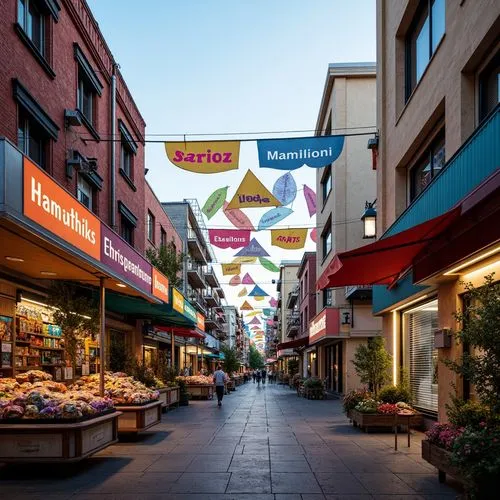 Vibrant market stalls, eclectic experimental architecture, bold color blocking, neon lights, futuristic accents, metallic surfaces, abstract geometric patterns, urban cityscape, bustling atmosphere, m