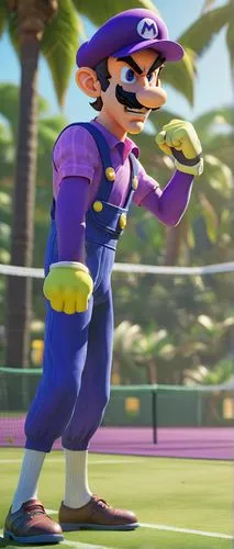 Waluigi, realistic, Luigi's rival, lean build, purple hat, yellow shirt, blue overalls, angry expression, clenched fists, standing, Mario Tennis court, green grass, sunny day, clear sky, palm trees, d