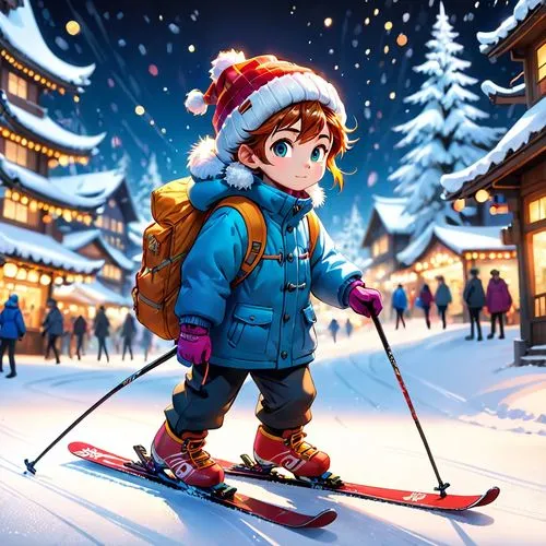 japanese style, manga, realistic,colors,winter,skiing,the animated video game boy is wearing skiing gear,christmas skiing,skiing,skiwear,skier,skiied,snowboarder,Anime,Anime,Cartoon