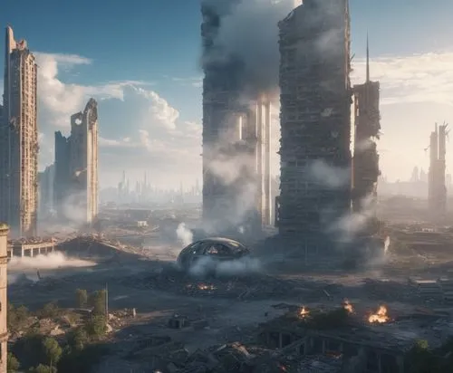 destroyed futuristic city in ruins,cardassia,coruscant,delamar,destroyed city,varsavsky,coruscating,sedensky,arcology,ordos,futuristic landscape,terraform,skylstad,homeworld,barrayaran,dystopian,megac