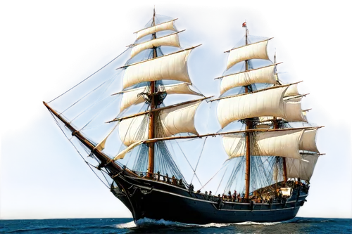 Large sailing ship, majestic, white sails, blue ocean, sunlight reflecting off waves, detailed ropes, wooden deck, metal anchors, billowing flags, seagulls flying overhead, low-angle shot, dramatic li