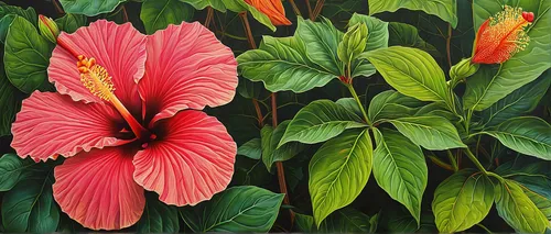 Describe the beautiful hibiscus rosa-sinensis in a tranquil garden.,hawaiian hibiscus,hibiscus and leaves,hibiscus flowers,tropical flowers,hibiscus,hibiscus-double,hibiscus rosasinensis,tropical bloo