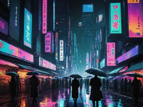 shinjuku,tokyo city,cyberpunk,tokyo,bladerunner,mongkok,shibuya,kowloon,tokyoites,cybercity,shanghai,umbrellas,cityscape,tokyo ¡¡,kabukiman,kamurocho,akiba,ikebukuro,colorful city,osaka,Illustration,Realistic Fantasy,Realistic Fantasy 23