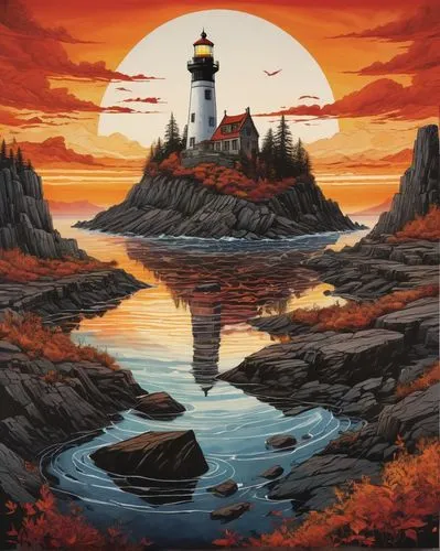 red lighthouse,lighthouse,lighthouses,electric lighthouse,light house,maine,granite island,coastal landscape,red cliff,crisp point lighthouse,lightkeeper,keweenaw,thimble islands,point lighthouse torch,petit minou lighthouse,coast sunset,landscape red,pei,acadia,raincoast,Illustration,Paper based,Paper Based 07