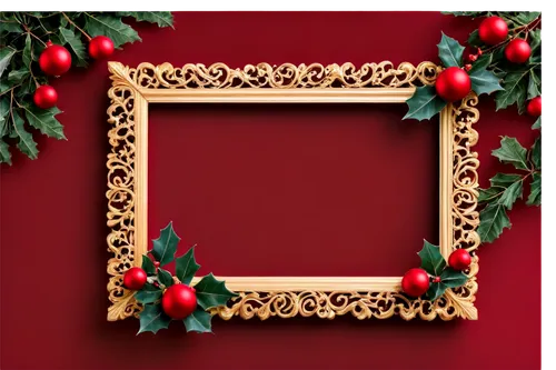 Christmas themed, gold ornate frame, rectangular shape, glossy surface, red velvet background, festive holly leaves, shiny baubles, snowflakes, glittering stars, soft focus, warm lighting, 3/4 composi