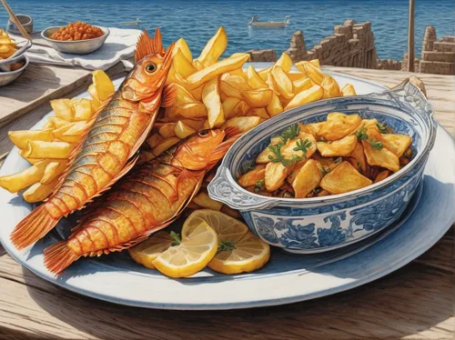 Describe the taste of crispy fish and golden chips by the seaside.,fish and chips,pescado frito,seafood platter,sea foods,sea food,fish and chip,bouillabaisse,seafood,fish chips,pterois,mediterranean 