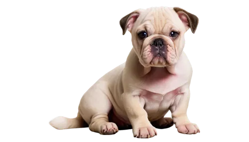 Bulldog, sitting, cute butt, fluffy fur, wrinkled skin, curly tail, white paws, pink nose, big eyes, innocent expression, soft focus, warm lighting, shallow depth of field, 3/4 composition.,english bu