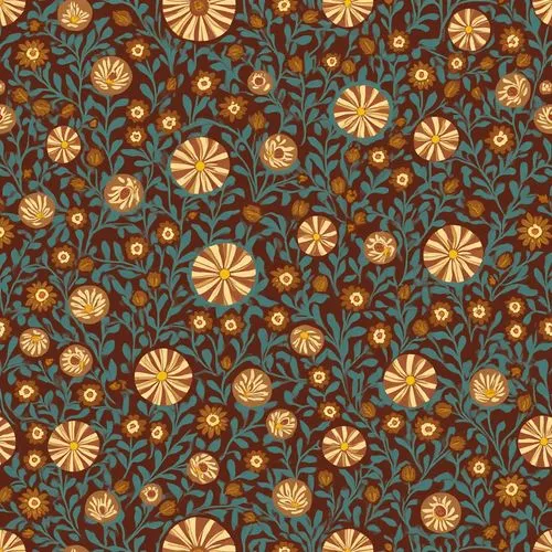 A seamless art nouveau floral pattern with the following color palette: #335c67 Deep Teal, #fff3b0 Light Cream, #e09f3e Orange-Yellow, #9e2a2b Deep Red, #540b0e Dark Maroon. The pattern features inter