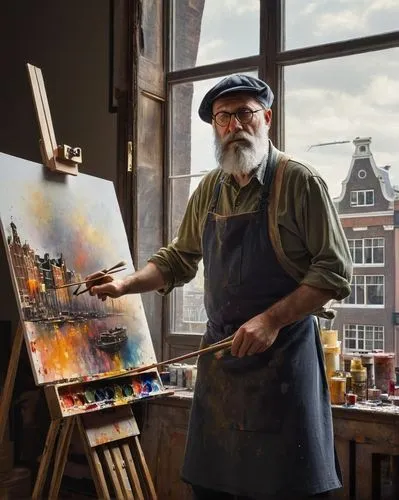 Johfra Bosschart, artist, male, mature, grey beard, glasses, beret, paint-splattered apron, holding palette, standing, studio, wooden easel, half-finished canvas, brushes, paints, solvents, artistic t