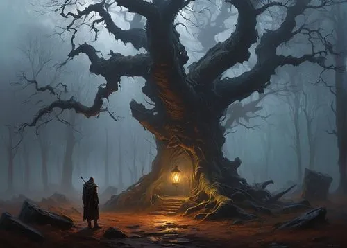 mirkwood,haunted forest,creepy tree,witch's house,carcosa,magic tree,druidic,old tree,isolated tree,tentorium,forest tree,elven forest,prospal,druidism,the roots of trees,blackmoor,fantasy picture,elfland,hermits,tree house,Conceptual Art,Sci-Fi,Sci-Fi 22