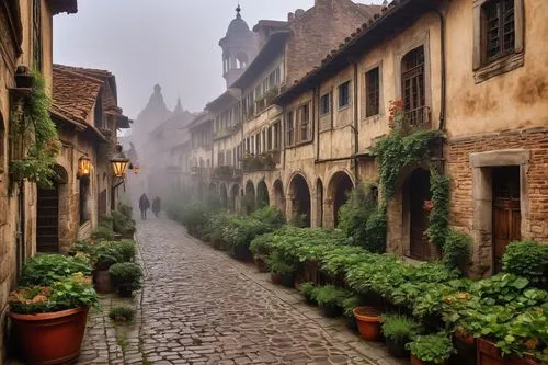 medieval street,sarlat,rothenburg,alsace,rothenburg of the deaf,medieval town,the cobbled streets,colmar,quedlinburg,figeac,townscapes,dordogne,the old town,old town,beaune,nuremberg,montbrun,foggy day,colmar city,historic old town,Art,Classical Oil Painting,Classical Oil Painting 34