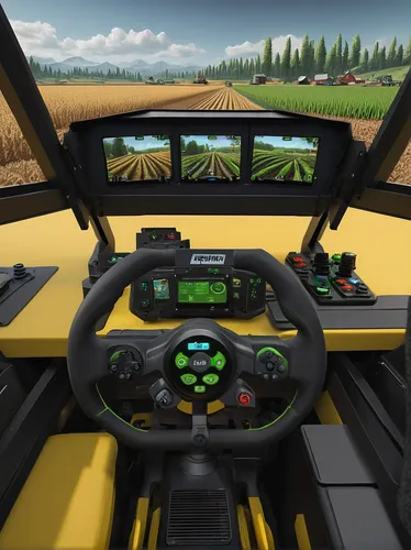 john deere,cockpit,simulator,racing wheel,steering wheel,combine harvester,autograss,yellow machinery,steering,agricultural machinery,logging truck,driver's cab,control car,the interior of the cockpit,racing video game,controls,farm tractor,off-road racing,behind the wheel,go-kart,Art,Artistic Painting,Artistic Painting 48