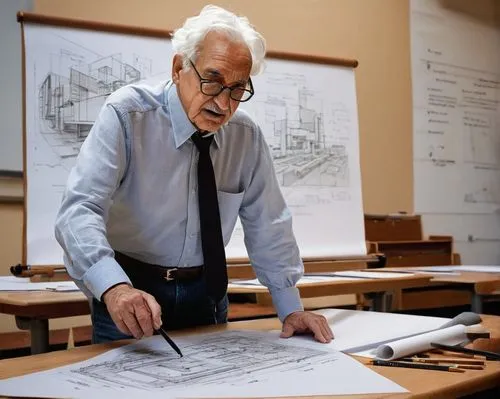 Frank Gehry, standing, lecturing, white shirt, black glasses, silver hair, beard, casual jeans, brown leather belt, black shoes, chalk in hand, writing on a blueprints, modern architecture model, wood