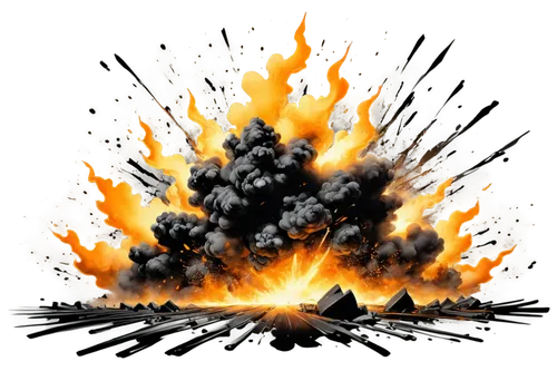 Explosion, dynamic movement, shockwave, intense flash, vibrant orange-yellow flames, smoke clouds, debris flying everywhere, sharp edges, metallic scraps, shattered glass, loud reverberation, close-up