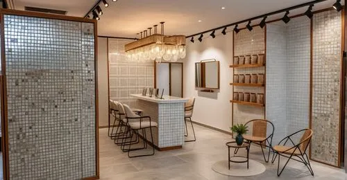 tile showroom, with Spanish interior style  ,a hair salon with some chairs and hanging lights,tile kitchen,luxury bathroom,mudroom,almond tiles,bath room,spanish tile,Photography,General,Realistic