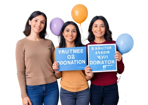 charity event, donation box, smiling volunteers, diverse age groups, casual wear, holding signs, balloons in background, soft natural light, shallow depth of field, warm color tone, 3/4 composition, p