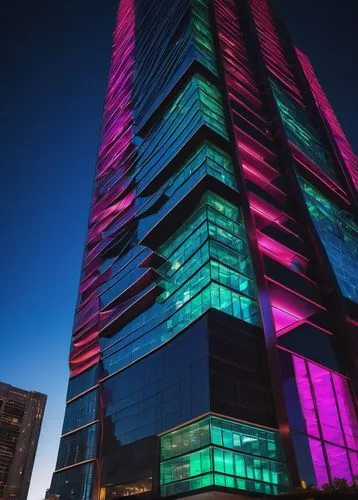 pc tower,costanera center,vdara,colored lights,the energy tower,colorful light,edificio,rotana,mediacityuk,escala,glass building,largest hotel in dubai,ulaanbaatar centre,sandton,damac,novosibirsk,mgimo,renaissance tower,yekaterinburg,hotel barcelona city and coast,Illustration,Retro,Retro 17