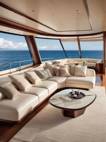 Luxurious yacht, modern interior, spacious cabin, wooden floors, cream-colored walls, sleek lines, minimalist decor, comfortable beige sofa, glass coffee table, ambient soft lighting, floor-to-ceiling