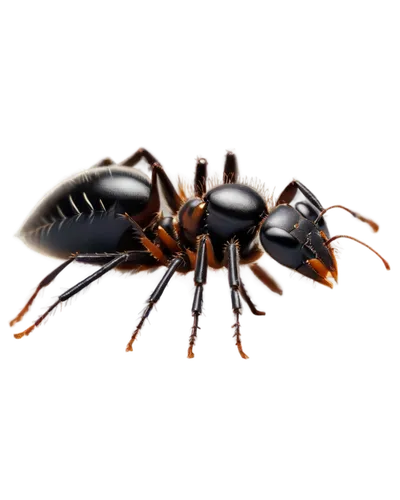 Small ant, six legs, black body, shiny exoskeleton, antennae, mandibles, compound eyes, tiny claws, walking on ground, detailed texture, realistic, natural light, close-up shot, macro photography styl