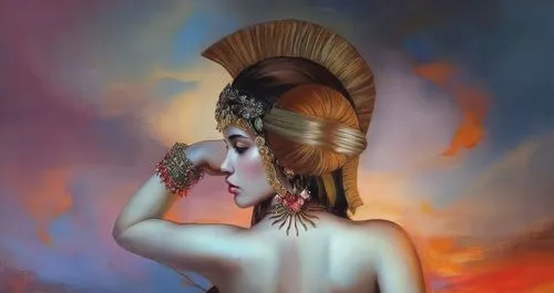 headdress,kundalini,fantasy portrait,the hat of the woman,mystical portrait of a girl,indian headdress,shamanic,priestess,fire-eater,la nascita di venere,woman's backside,cleopatra,fantasy art,indian 