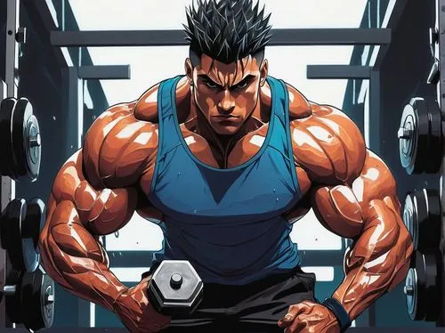 muscular man, anime style, intense gaze, spiky hair, sweat droplets, ripped shirt, weightlifting belt, massive biceps, triceps, pectoral muscles, six-pack abs, athletic shorts, sneakers, gym equipment