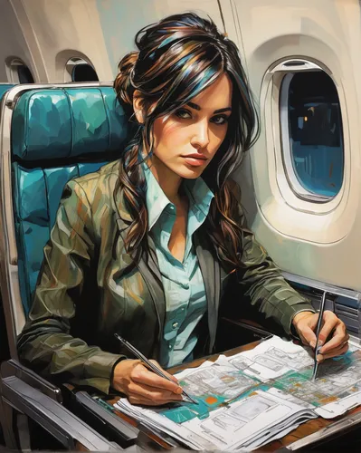 airplane passenger,stewardess,flight attendant,travel woman,airline travel,airplane paper,china southern airlines,air new zealand,meticulous painting,girl studying,business jet,sci fiction illustration,world digital painting,painting technique,girl drawing,art painting,window seat,italian painter,pilot,air travel,Illustration,Realistic Fantasy,Realistic Fantasy 23