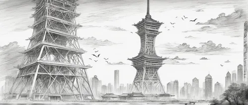 sky tree,steel tower,torre,towers,post-apocalyptic landscape,cellular tower,tv tower,sky city,futuristic landscape,tower of babel,electric tower,the skyscraper,sci fiction illustration,burj,power towers,city scape,skyscrapers,high-rises,skyscraper,international towers,Illustration,Black and White,Black and White 30